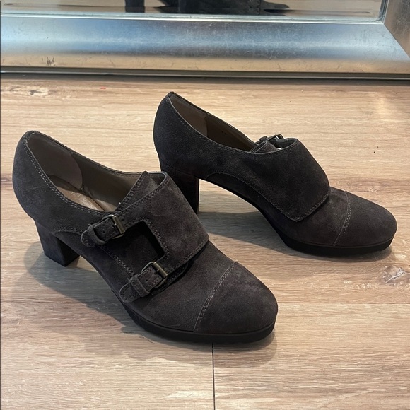 Anyi Lu Nancy Suede Monk Strap Pumps Gray Italian Leather Block Heels Size 41/10 - Picture 6 of 12